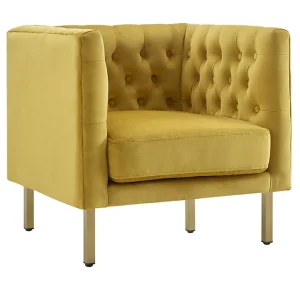 Bendell Yellow Velvet Tufted Accent Club Chair With Gold Legs, Kd Promotion^* Clearance