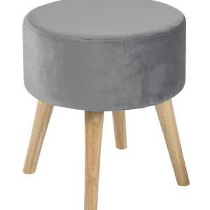 Emmy Grey Velvet Round Wood Leg Ottoman Clearance^* Clearance