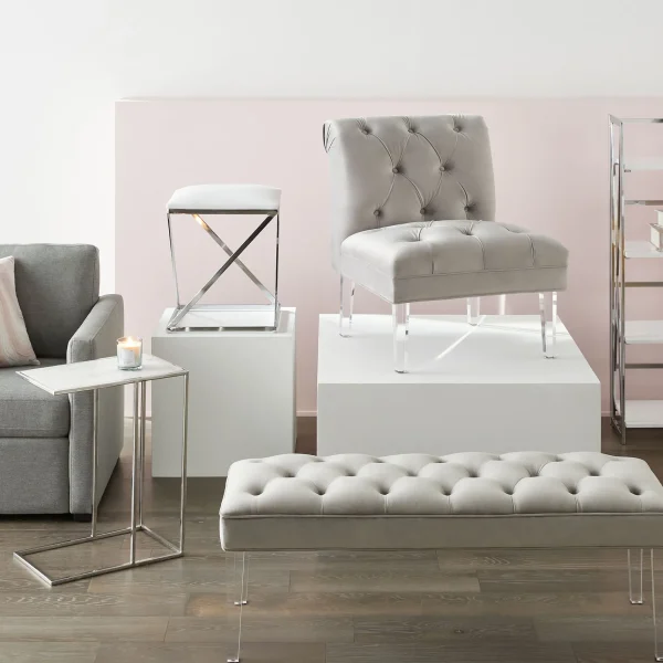 Laila Ali Grey Tufted Bench With Clear Acrylic Legs Promotion^* Shop