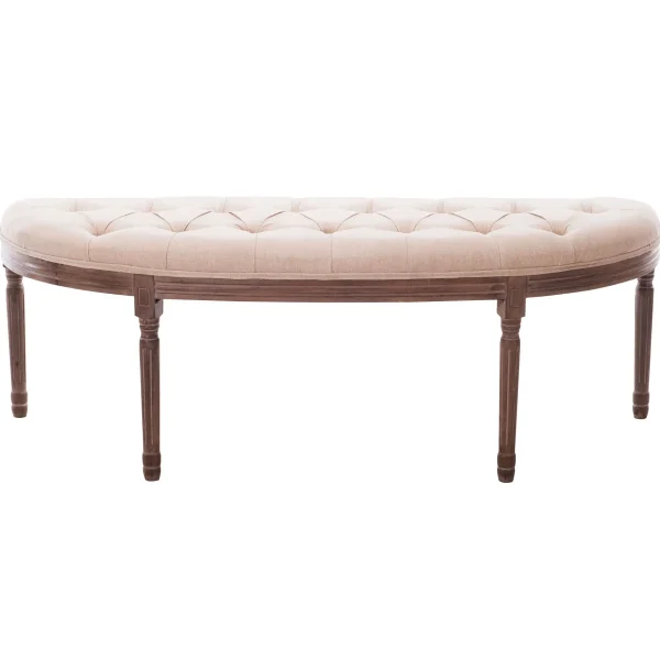 Lourdes Ivory Linen Tufted Curved Bench W/Distressed Wood Legs Opening Sales^* Flash Sale