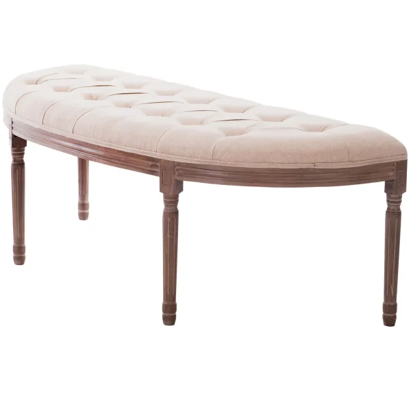 Lourdes Ivory Linen Tufted Curved Bench W/Distressed Wood Legs Opening Sales^* Flash Sale