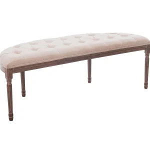 Lourdes Ivory Linen Tufted Curved Bench W/Distressed Wood Legs Opening Sales^* Flash Sale