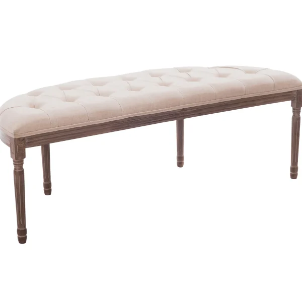 Lourdes Ivory Linen Tufted Curved Bench W/Distressed Wood Legs Opening Sales^* Flash Sale