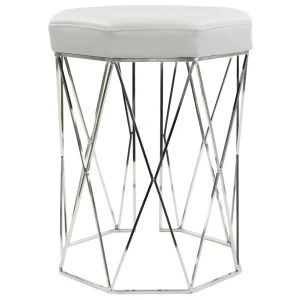 Prisma Chrome Wire Vanity Stool/Padded White Faux Leather Seat Featured^* Online