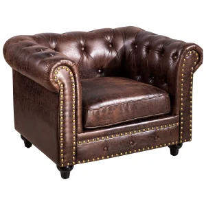 Providence Chesterfield Tufted Brown Faux Leather Rolled Arm Chair Online Discount^* Cheap
