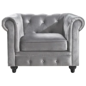 Providence Chesterfield Tufted Grey Velvet Rolled Arm Chair Discount Online^* Store