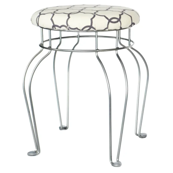 Quatrefoil Silver Wire Vanity Stool/Ivory Printed Fabric Seat Opening Sales^* Best Sale