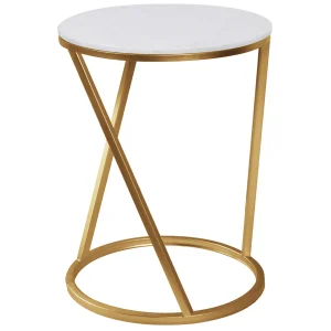 Round Quartz Top Accent Table With Gold Metal Base, Small Exquisite Gifts^* Shop