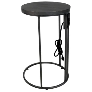 Round Wood-Top Silver Metal C-Table With Usb Port, Large Premium^* New