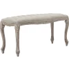 Simone Grey Linen Tufted Bench With Carved Reclaimed Wood Legs Outlet^* Cheap