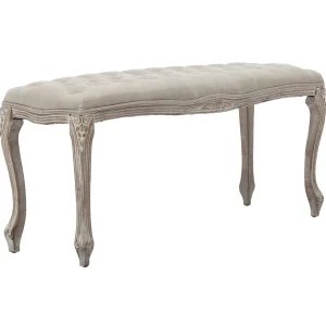 Simone Grey Linen Tufted Bench With Carved Reclaimed Wood Legs Outlet^* Cheap