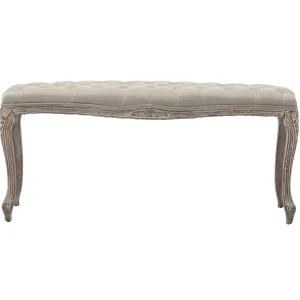 Simone Grey Linen Tufted Bench With Carved Reclaimed Wood Legs Outlet^* Cheap